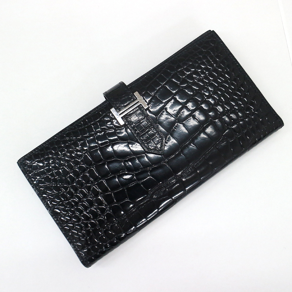 エルメス　ベアンスフレ 2つ折り財布  クロコダイルアリゲーター リセ(シャイン)/ブラック×シルバー金具 □R刻印