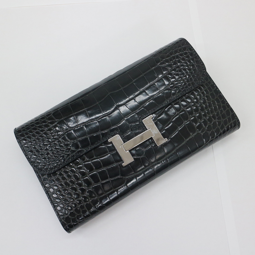 エルメス　 コンスタンスロング  長財布 クロコダイルアリゲーターリセ(シャイン)/グラファイト(ダークグレー)×シルバー金具 A刻印