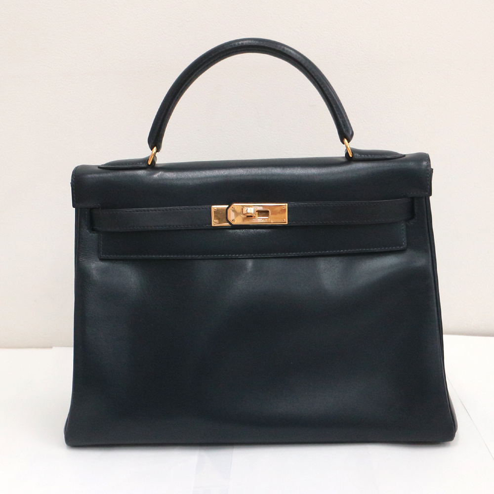 エルメス　ケリー32 内縫い　ボックスカーフ/ブルーマリーン×ゴールド金具 ◯U刻印